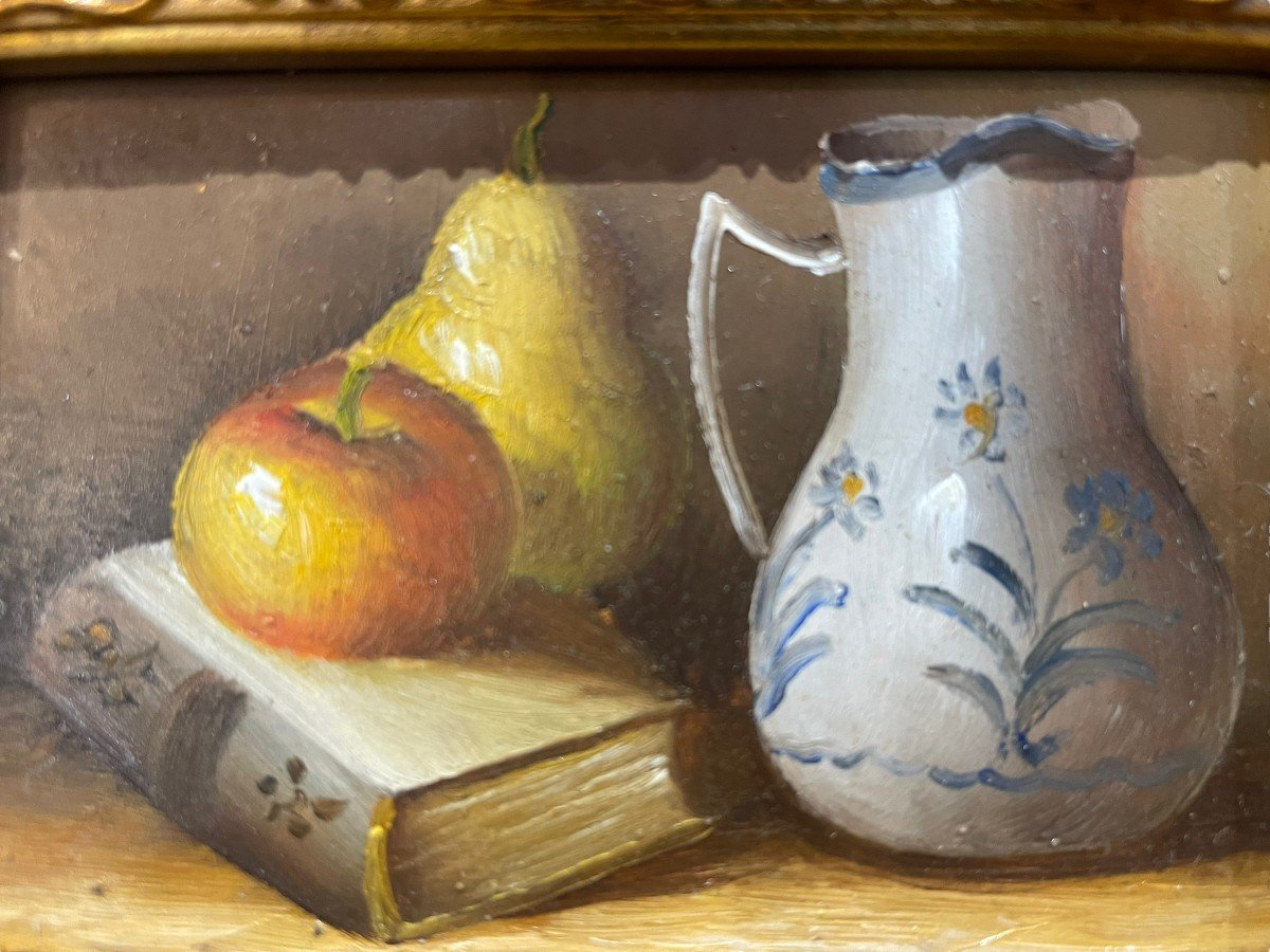 Oil On Panel Still Life Book Fruits And Carafe-photo-1