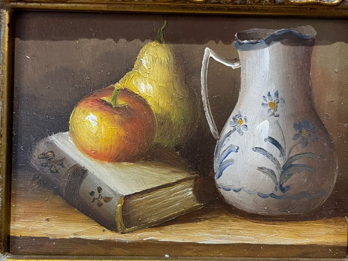 Oil On Panel Still Life Book Fruits And Carafe-photo-2