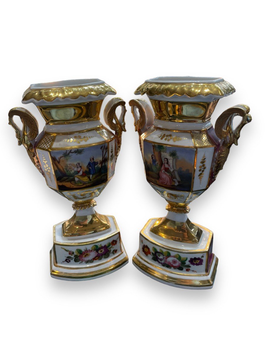 Paire De Vases En Porcelaine De Paris Scènes Galantes-photo-4