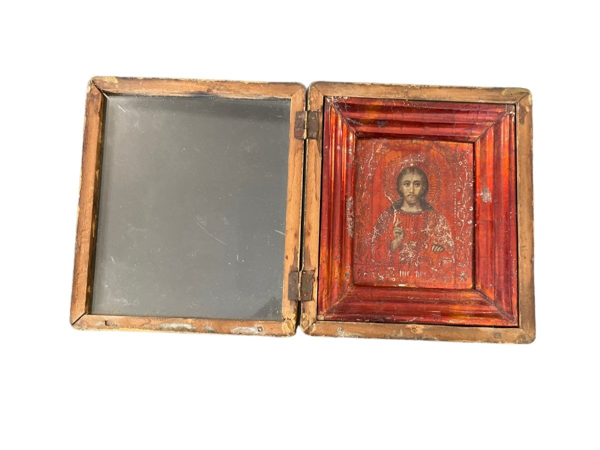 Icon Of Christ Pantocrator XIX In Polychrome And Copper-plated Wood-photo-2
