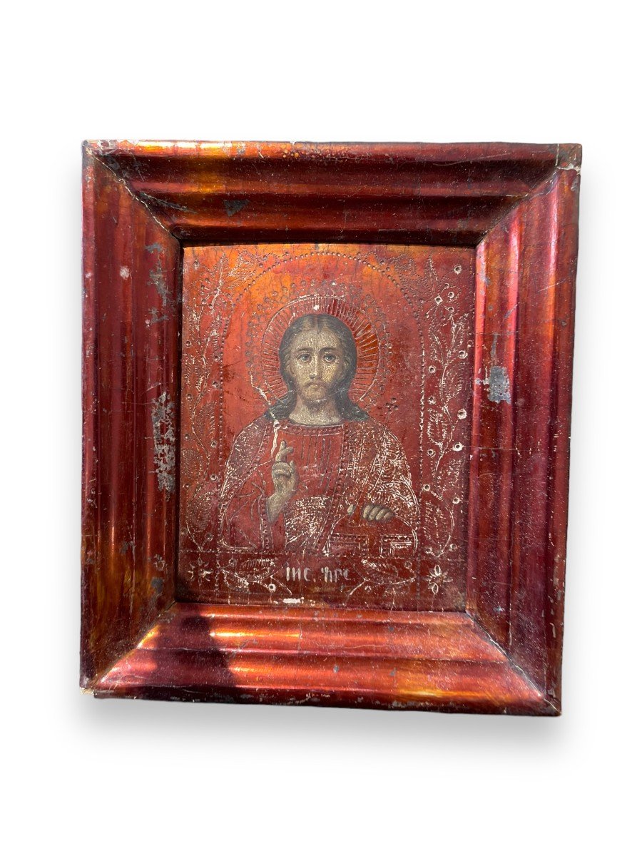 Icon Of Christ Pantocrator XIX In Polychrome And Copper-plated Wood-photo-4