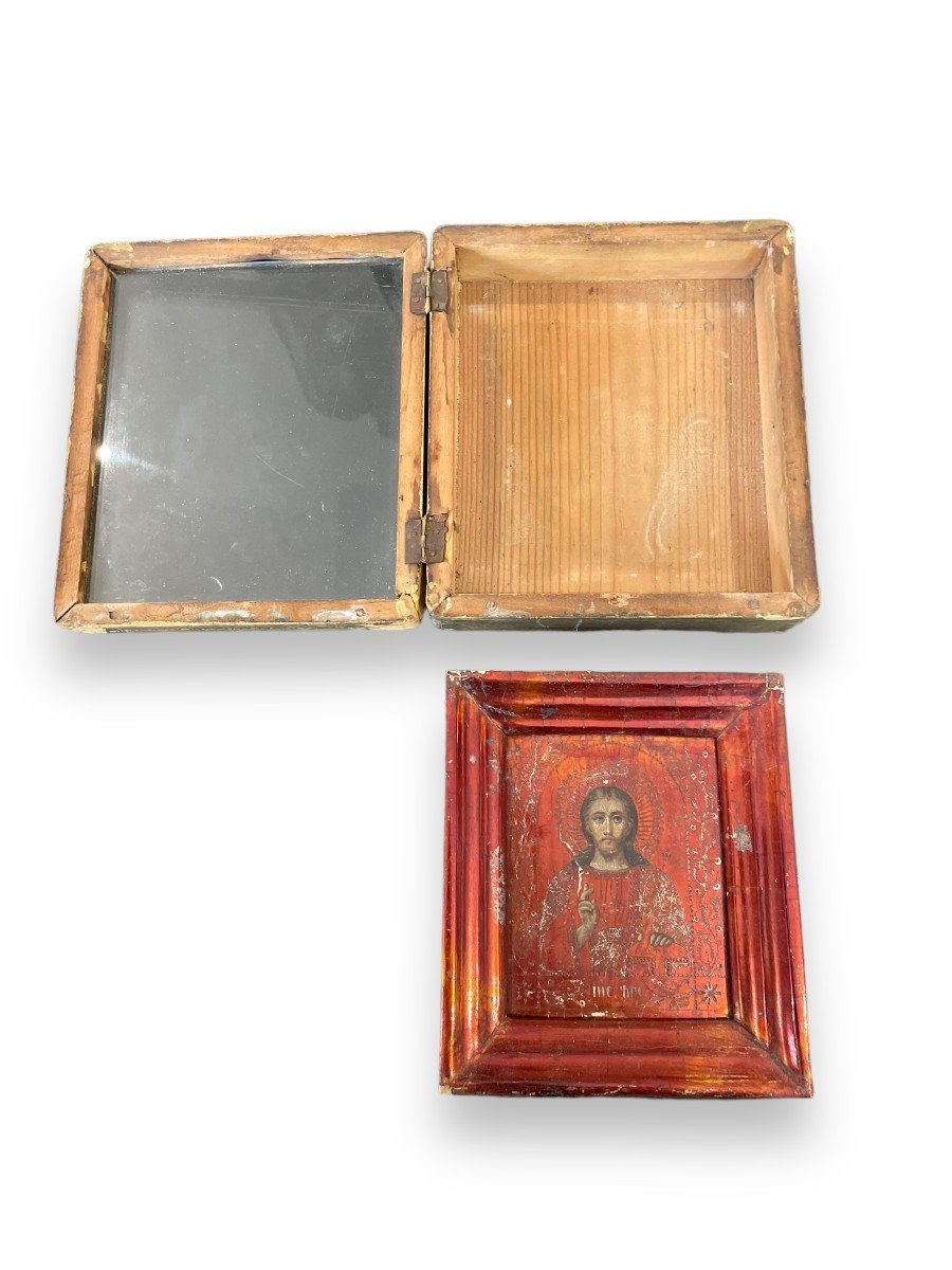 Icon Of Christ Pantocrator XIX In Polychrome And Copper-plated Wood-photo-1