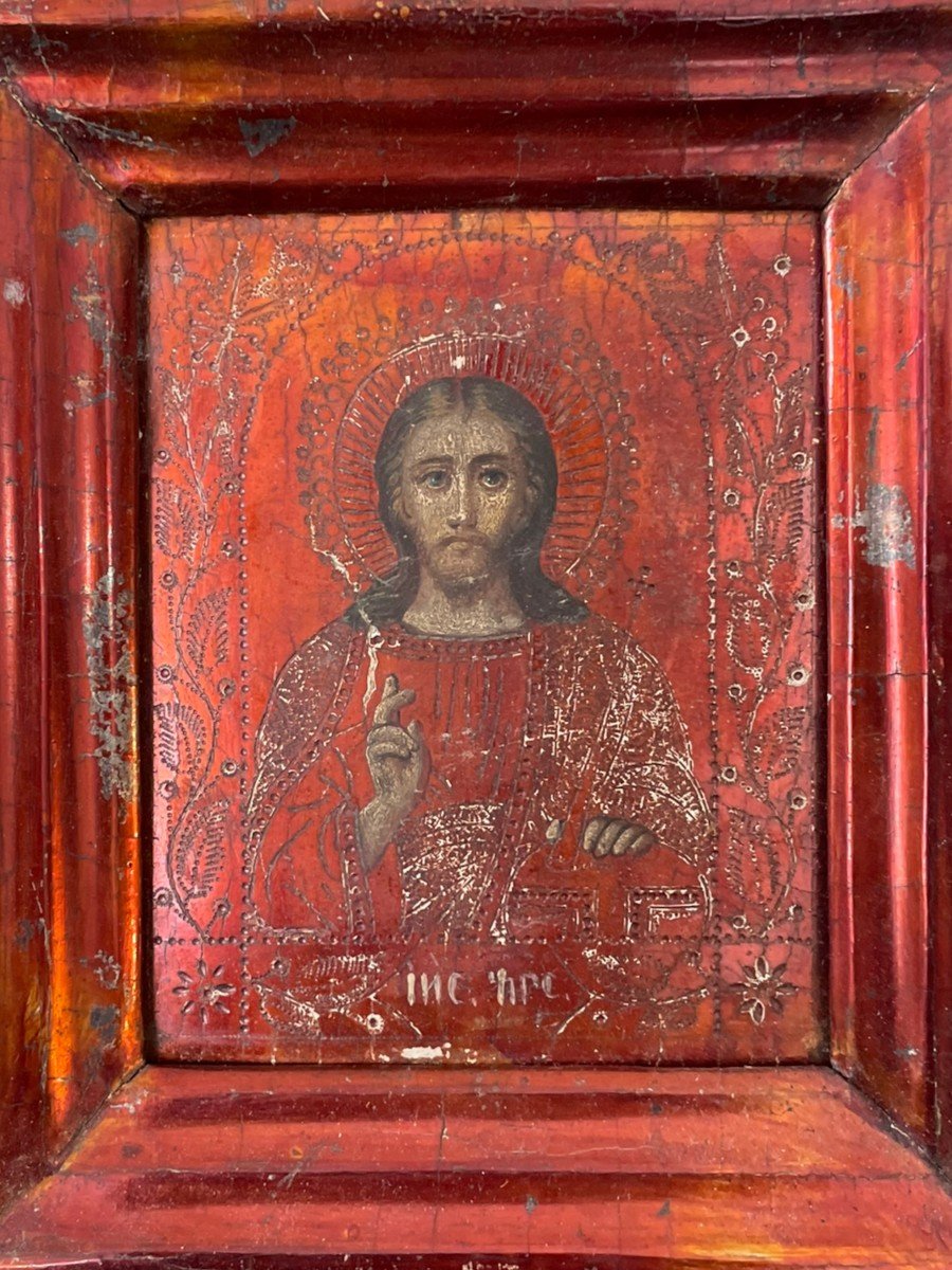 Icon Of Christ Pantocrator XIX In Polychrome And Copper-plated Wood-photo-4