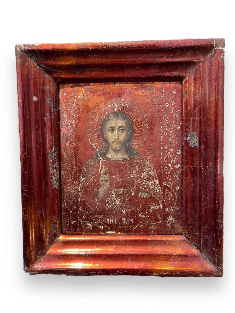 Icon Of Christ Pantocrator XIX In Polychrome And Copper-plated Wood-photo-6