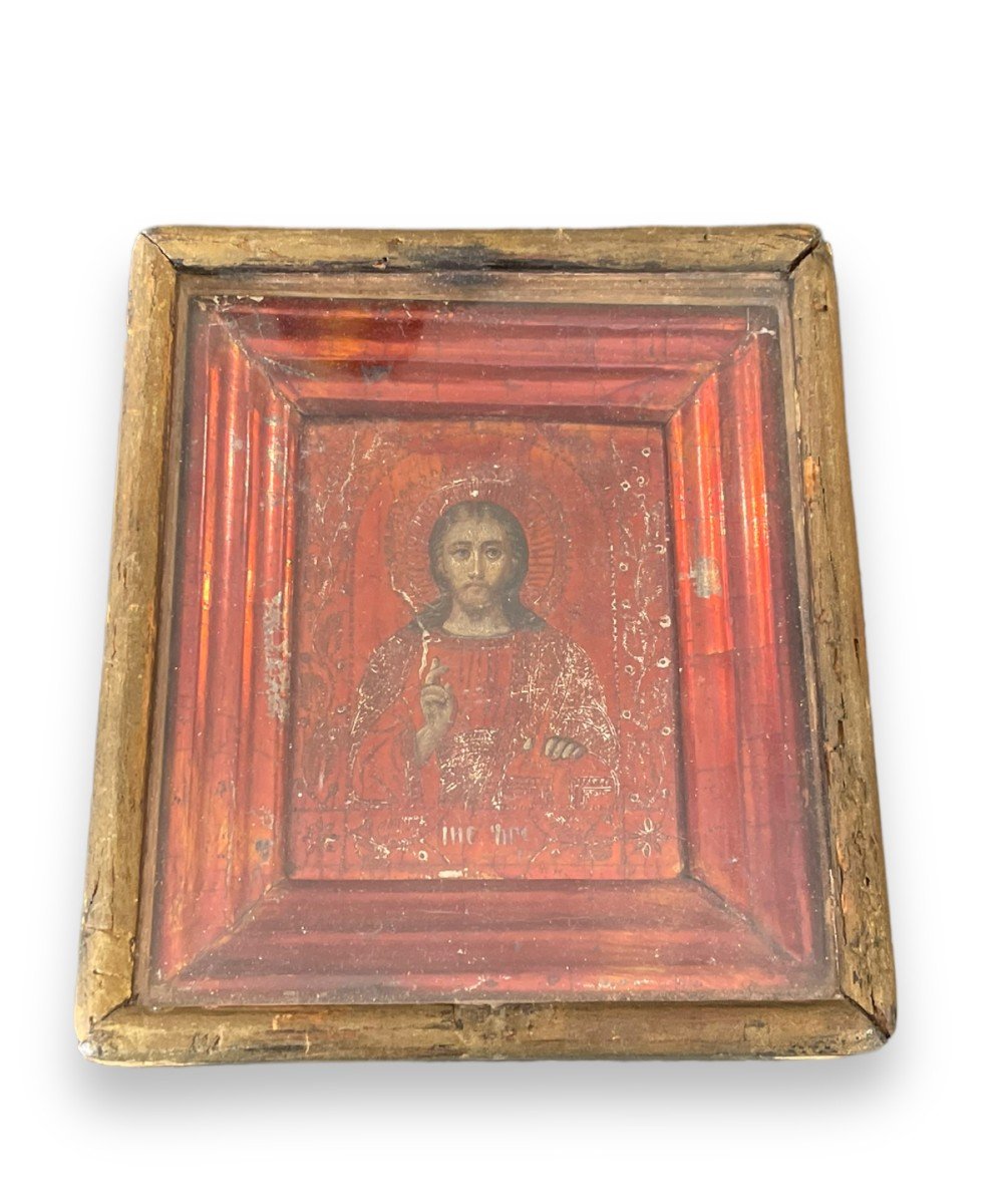 Icon Of Christ Pantocrator XIX In Polychrome And Copper-plated Wood