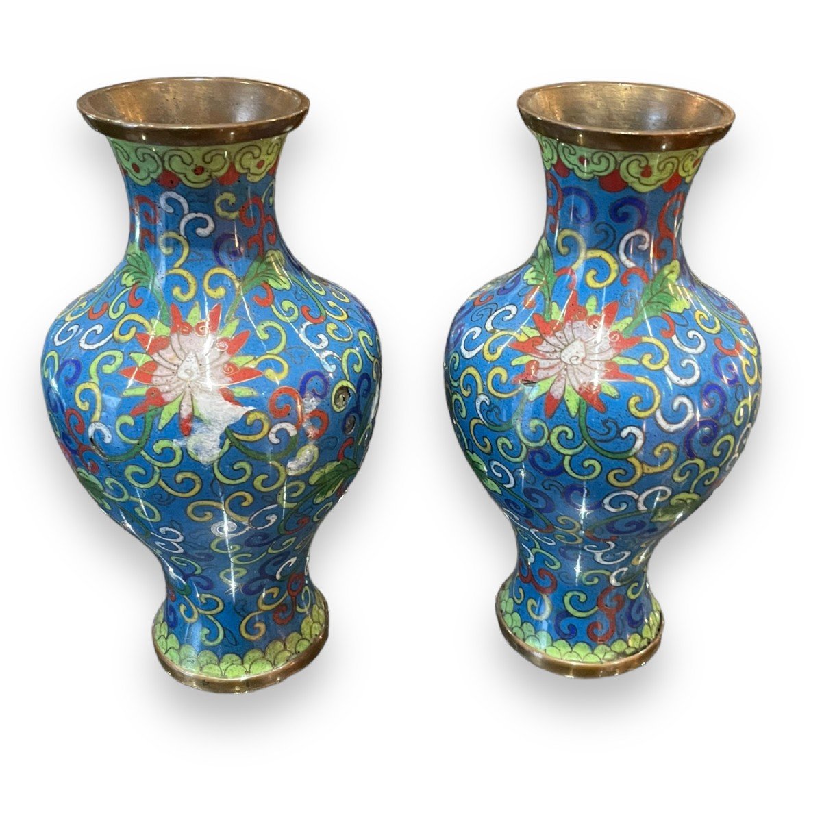 Pair Of Chinese Vases In Cloisonné Enamels