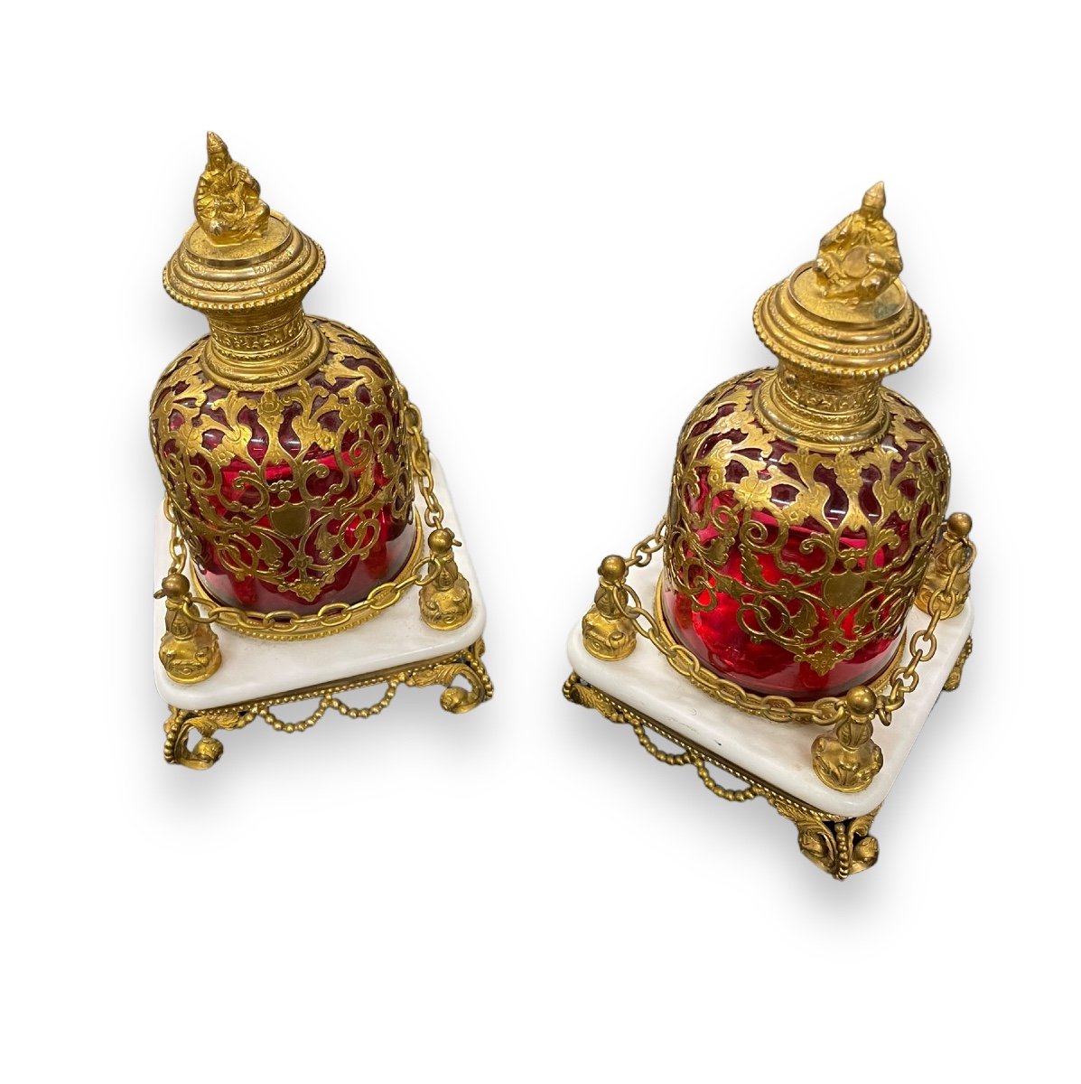 Paire De Flacons En Verre Teinté Et Bronze époque Charles X