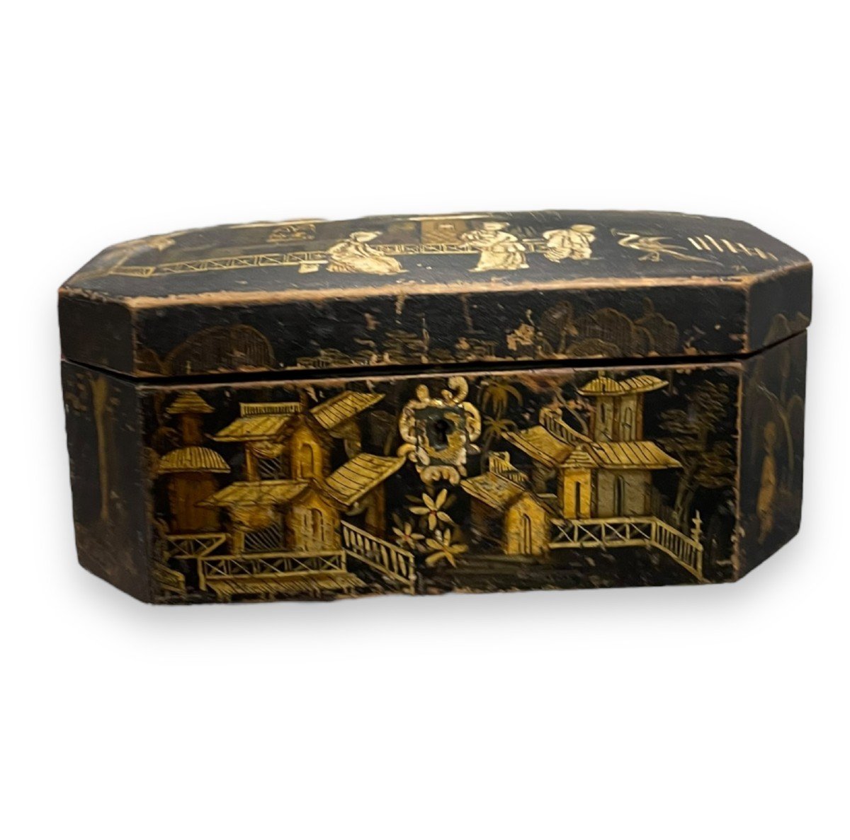 China - Octagonal Tea Box In Black Lacquered Wood -photo-2