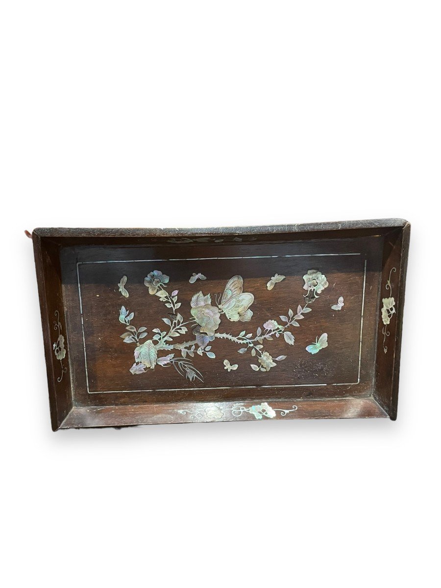 19th Century Indochinese Tray In Mother Of Pearl And Rosewood Butterfly Decor-photo-2