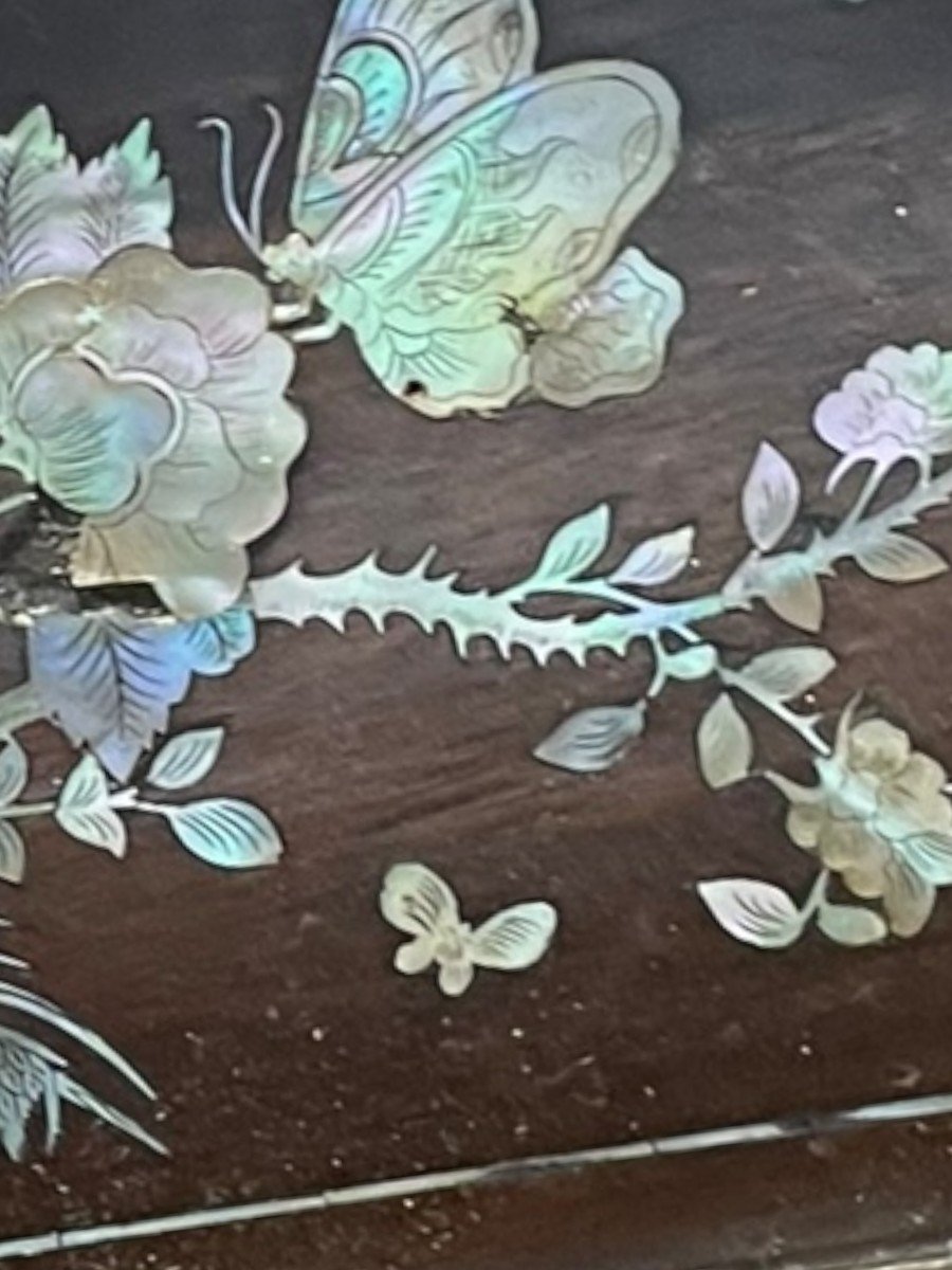 19th Century Indochinese Tray In Mother Of Pearl And Rosewood Butterfly Decor-photo-5
