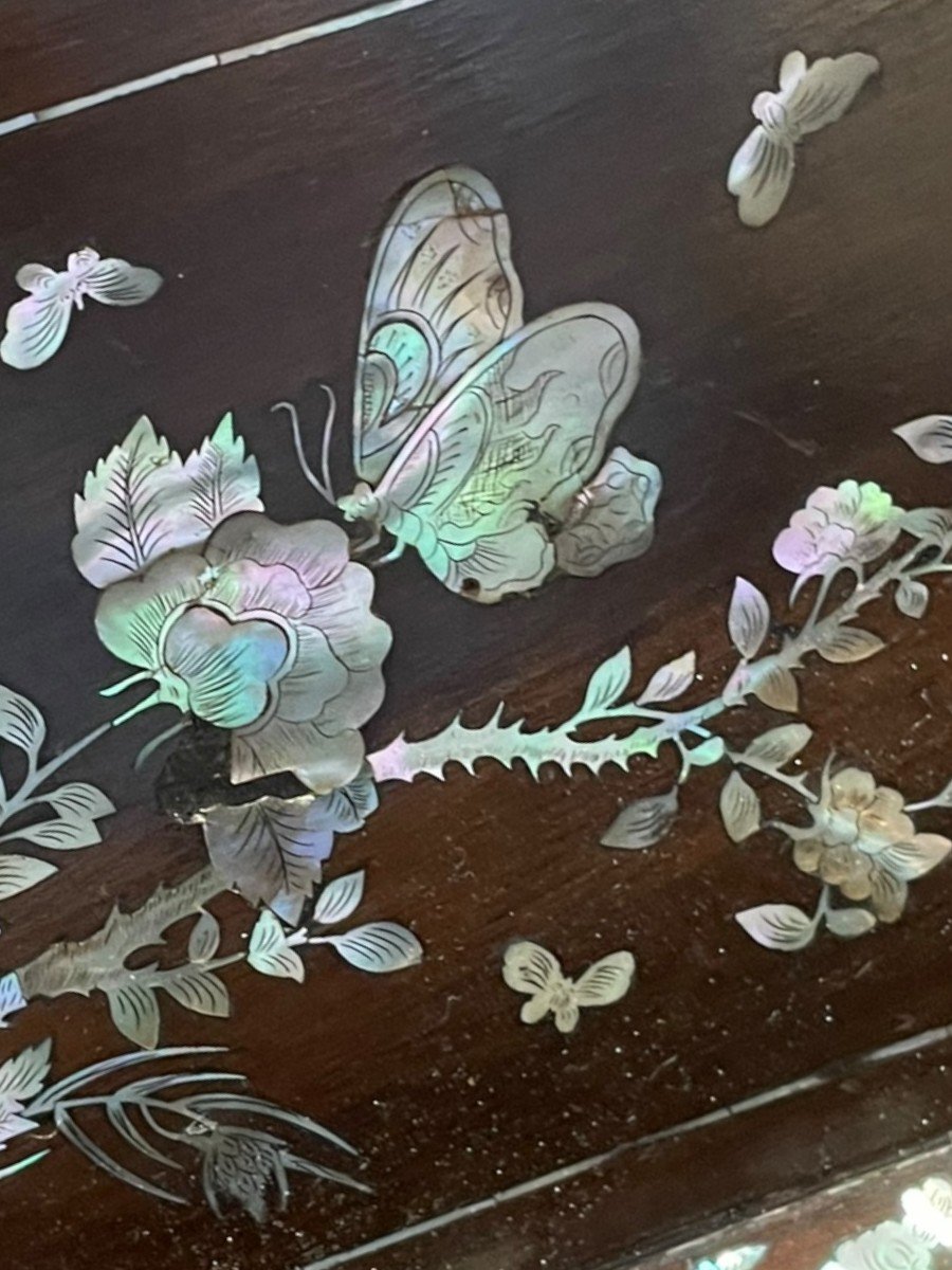 19th Century Indochinese Tray In Mother Of Pearl And Rosewood Butterfly Decor-photo-6