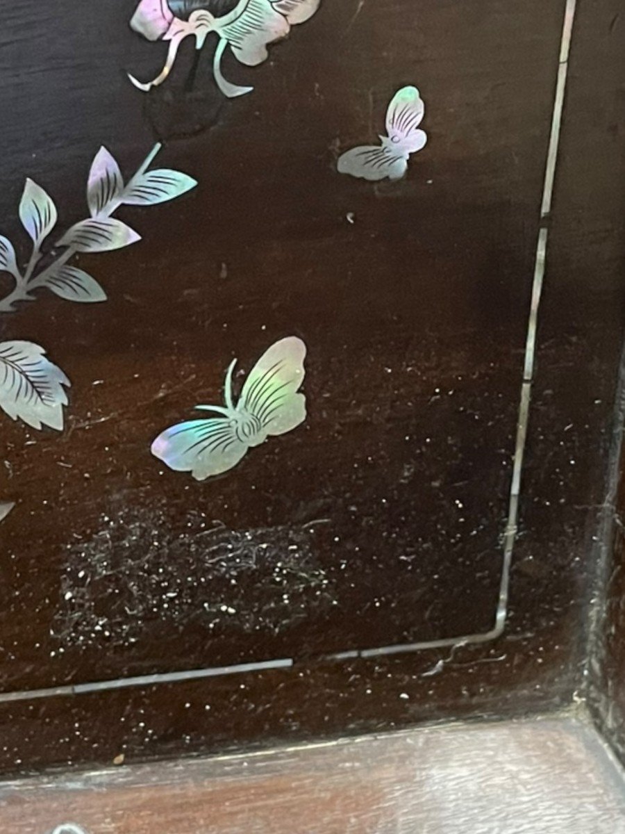 19th Century Indochinese Tray In Mother Of Pearl And Rosewood Butterfly Decor-photo-7