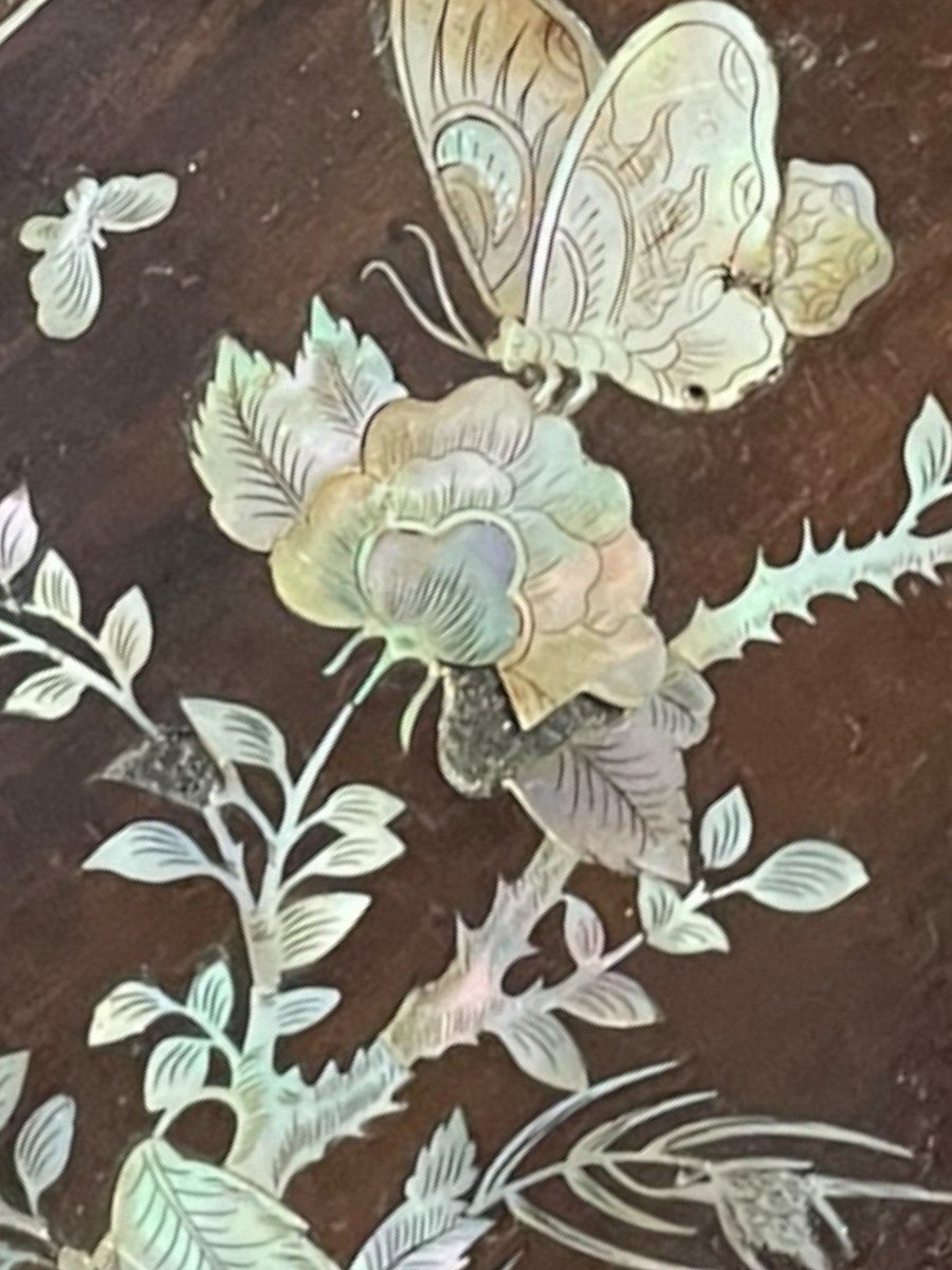19th Century Indochinese Tray In Mother Of Pearl And Rosewood Butterfly Decor-photo-8