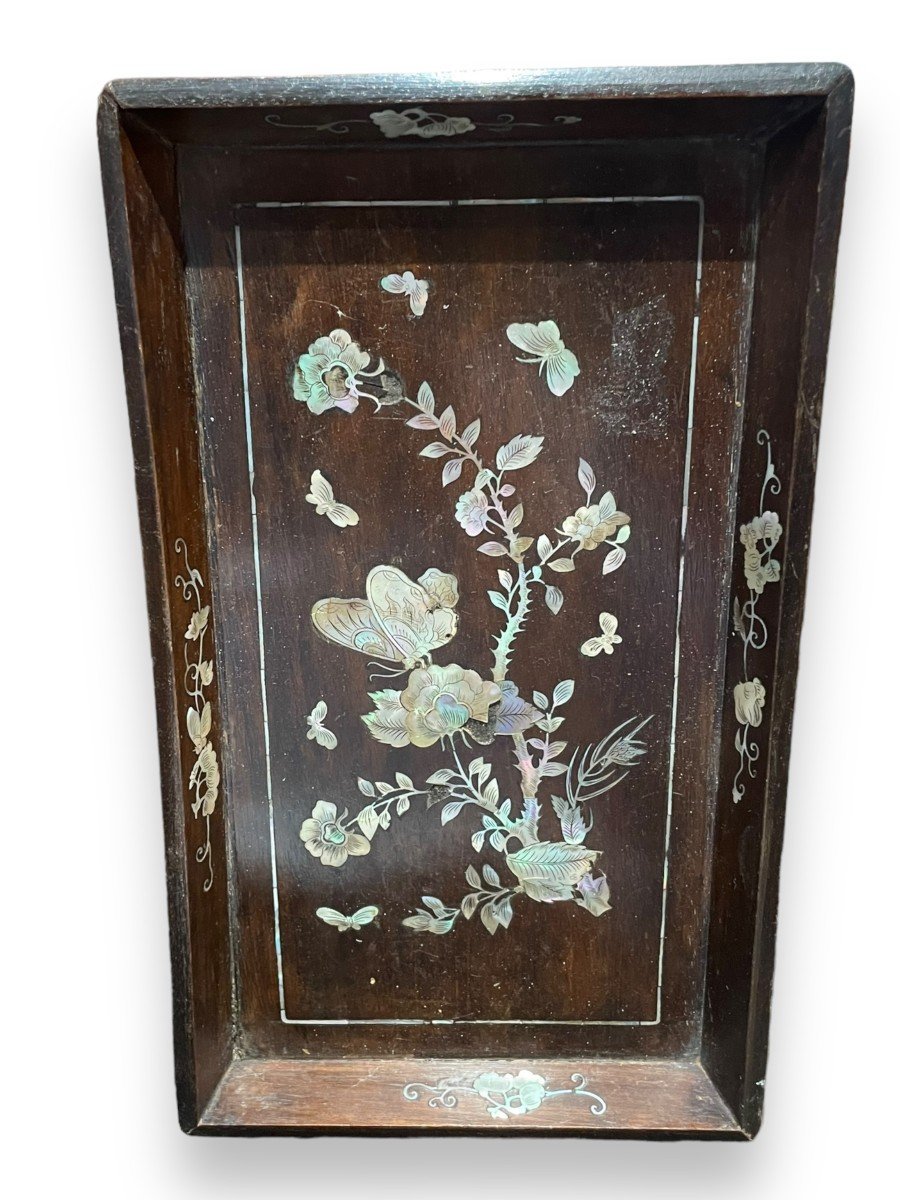 19th Century Indochinese Tray In Mother Of Pearl And Rosewood Butterfly Decor