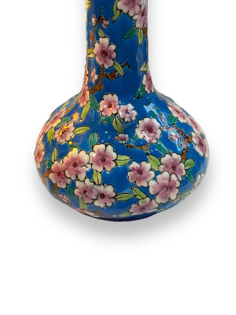 Emaux De Louviere Vase Pansu à Long Col à Décor De Fleurs Et Femme-photo-4