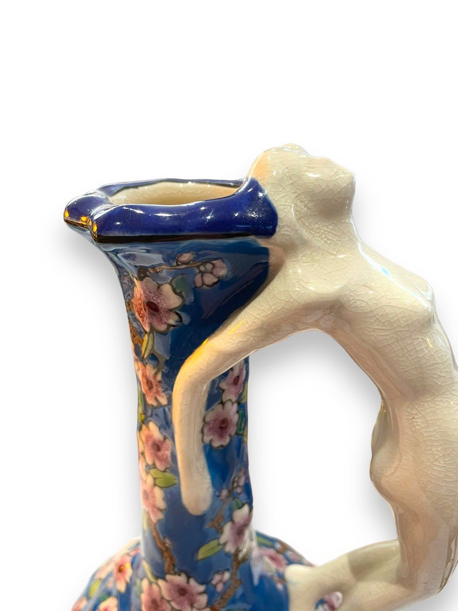 Emaux De Louviere Vase Pansu à Long Col à Décor De Fleurs Et Femme-photo-1