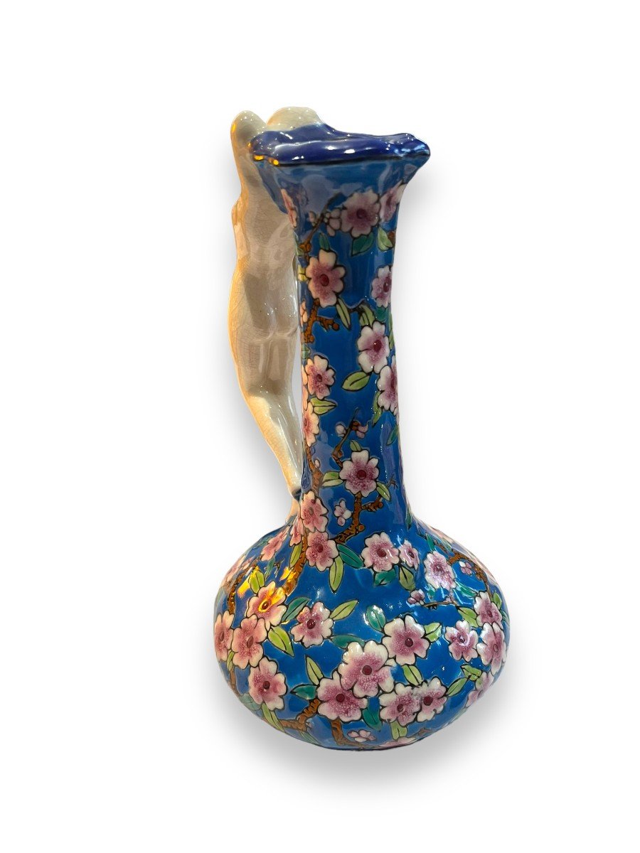 Emaux De Louviere Vase Pansu à Long Col à Décor De Fleurs Et Femme-photo-6