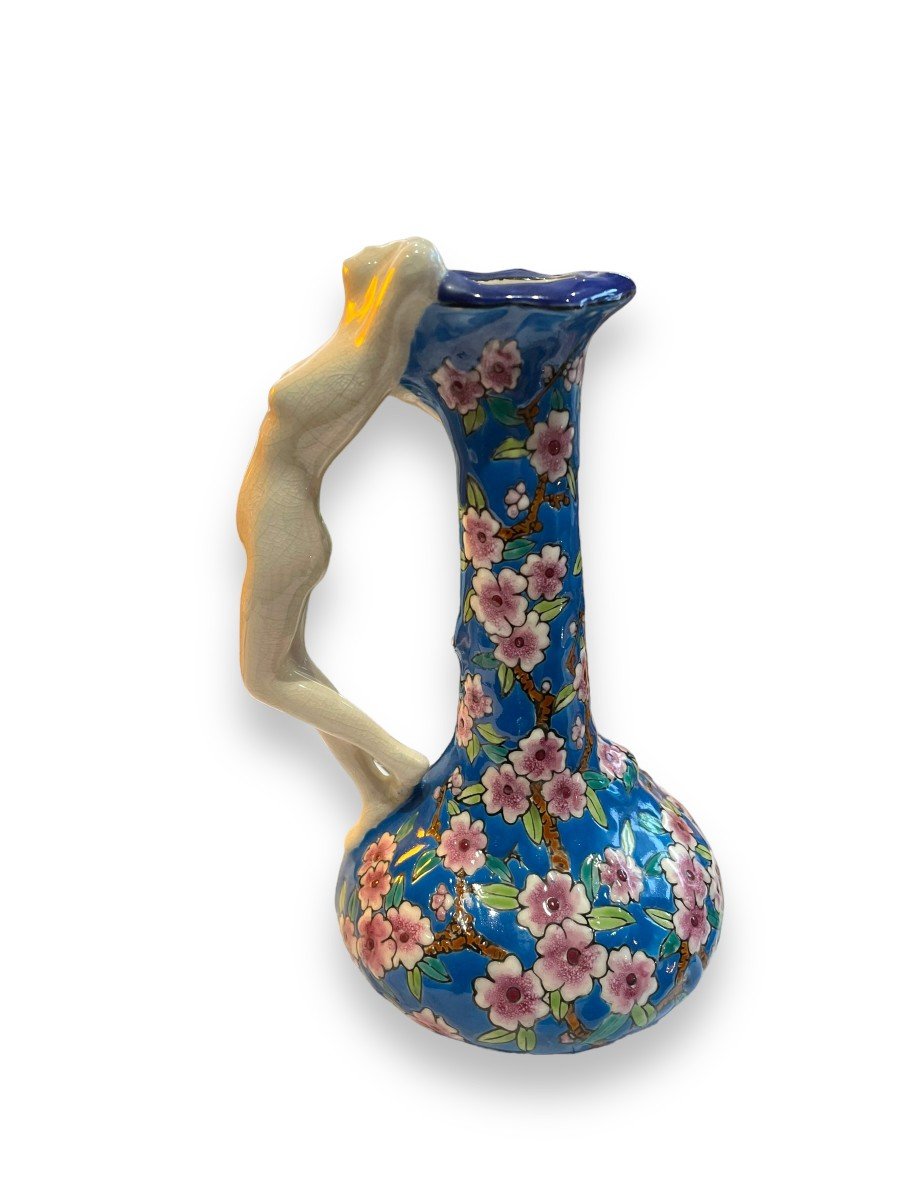 Emaux De Louviere Vase Pansu à Long Col à Décor De Fleurs Et Femme-photo-7