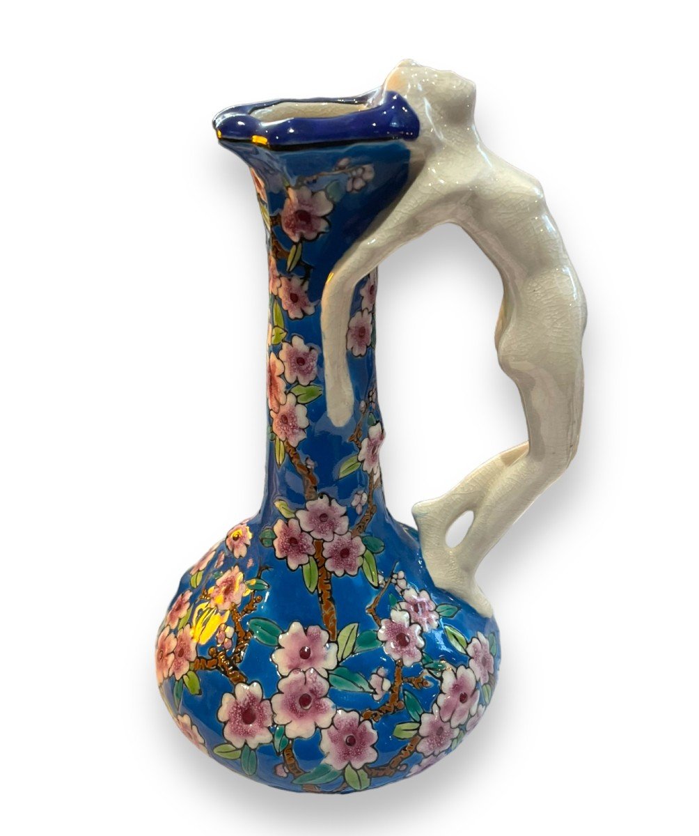 Emaux De Louviere Vase Pansu à Long Col à Décor De Fleurs Et Femme