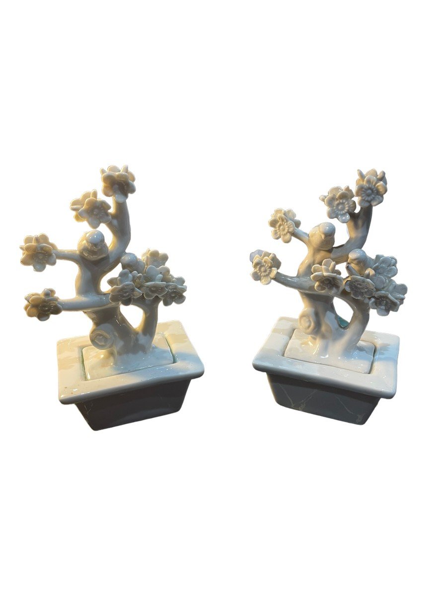 Pair Of Trees With Trendy Bird Decor Chinese White Porcelain