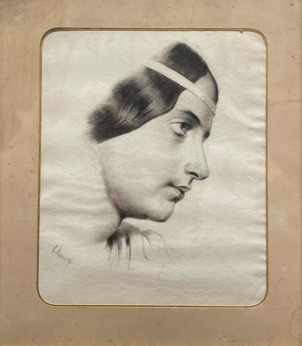 Woman With Headband Drawing In Lead Pencil 19th Century-photo-2