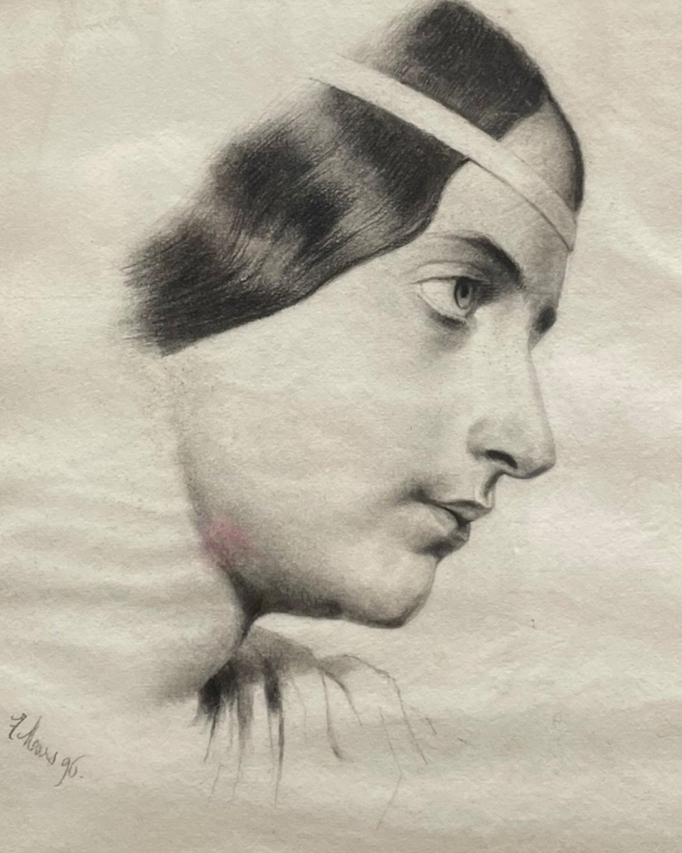 Woman With Headband Drawing In Lead Pencil 19th Century-photo-3