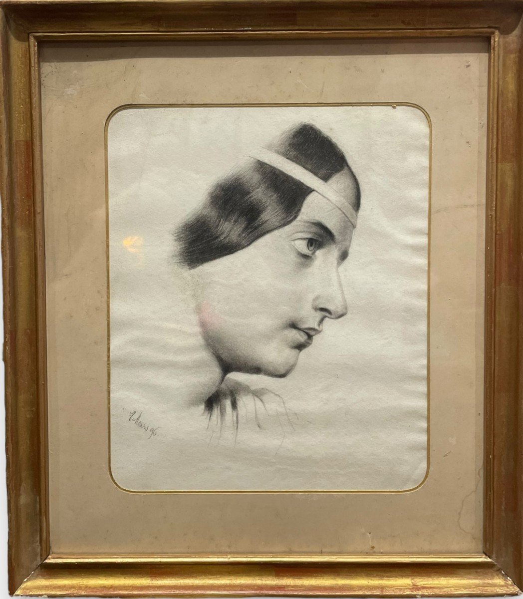 Woman With Headband Drawing In Lead Pencil 19th Century