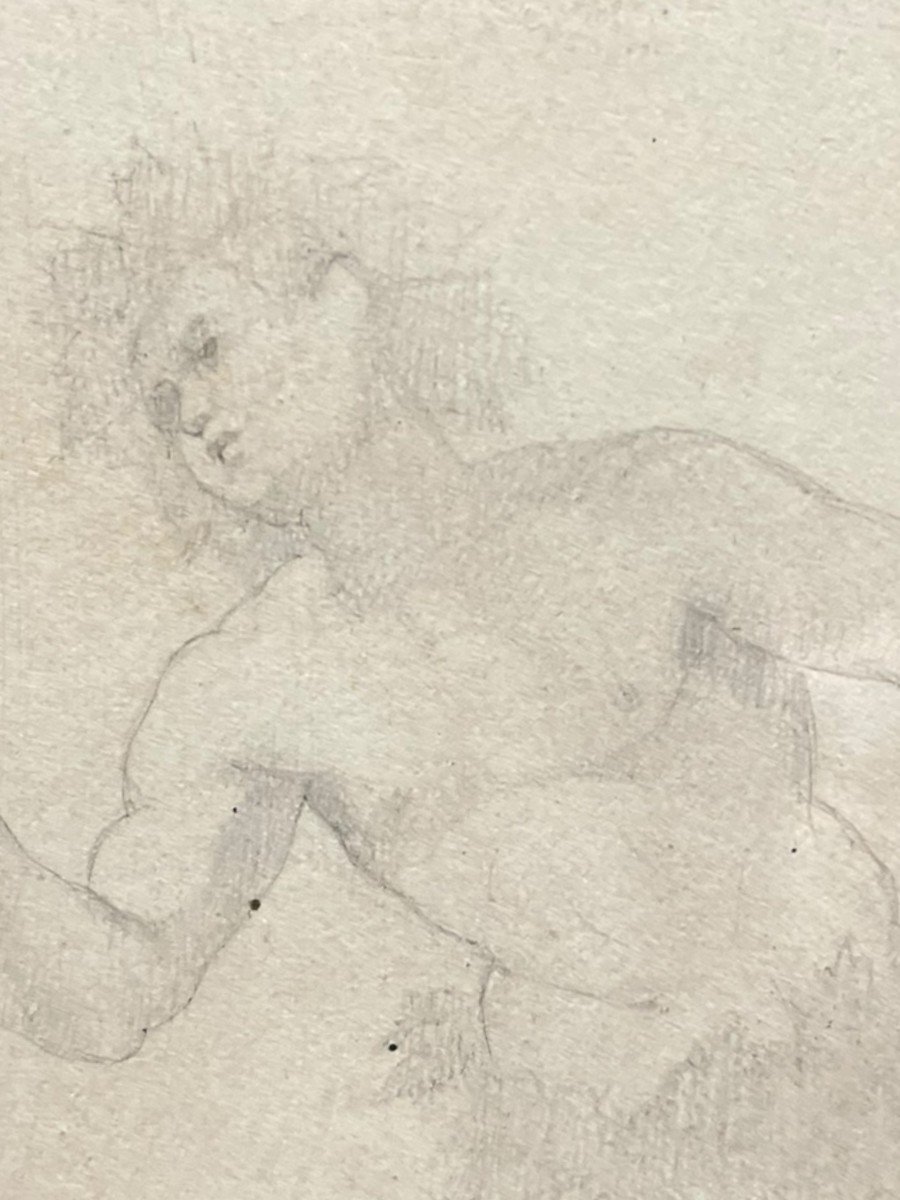 19th Century Drawing Putto And Man With Vine Leaf-photo-3