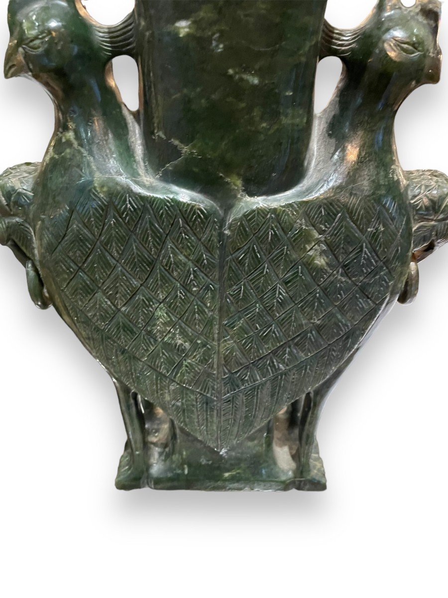 Important Covered Vase In Nephrite Jade Elephant And Phoenix Decor-photo-4
