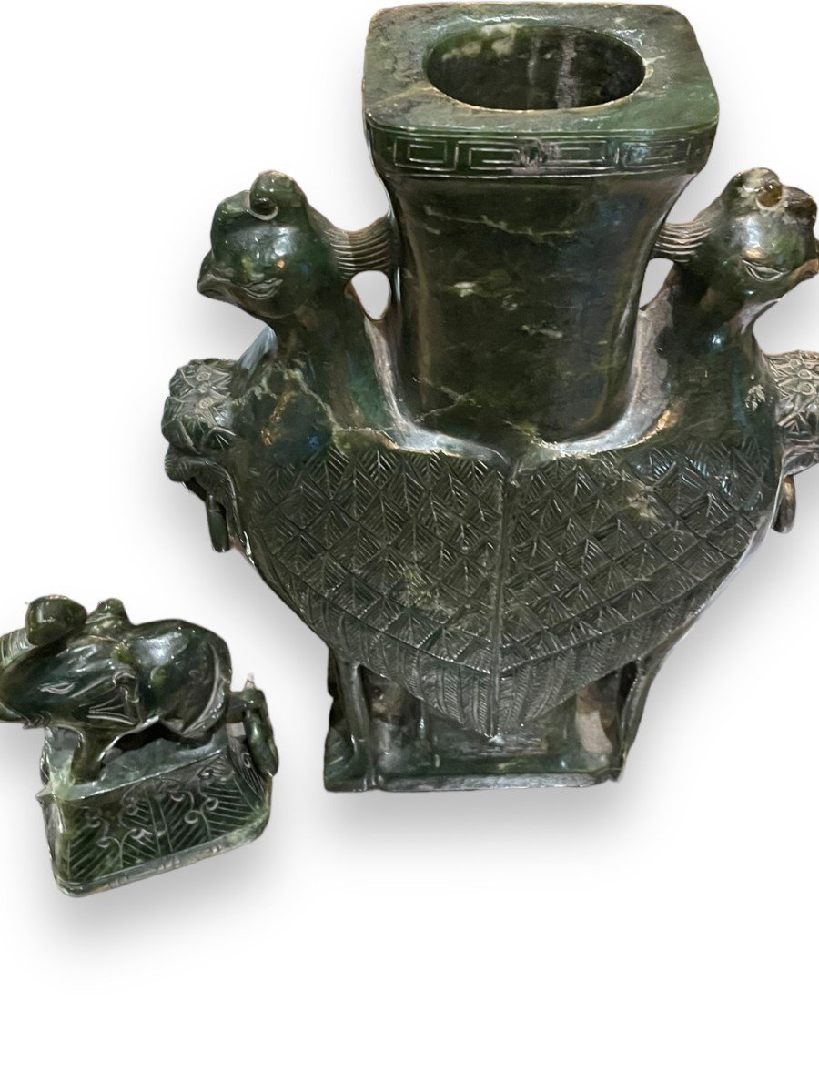 Important Covered Vase In Nephrite Jade Elephant And Phoenix Decor-photo-5