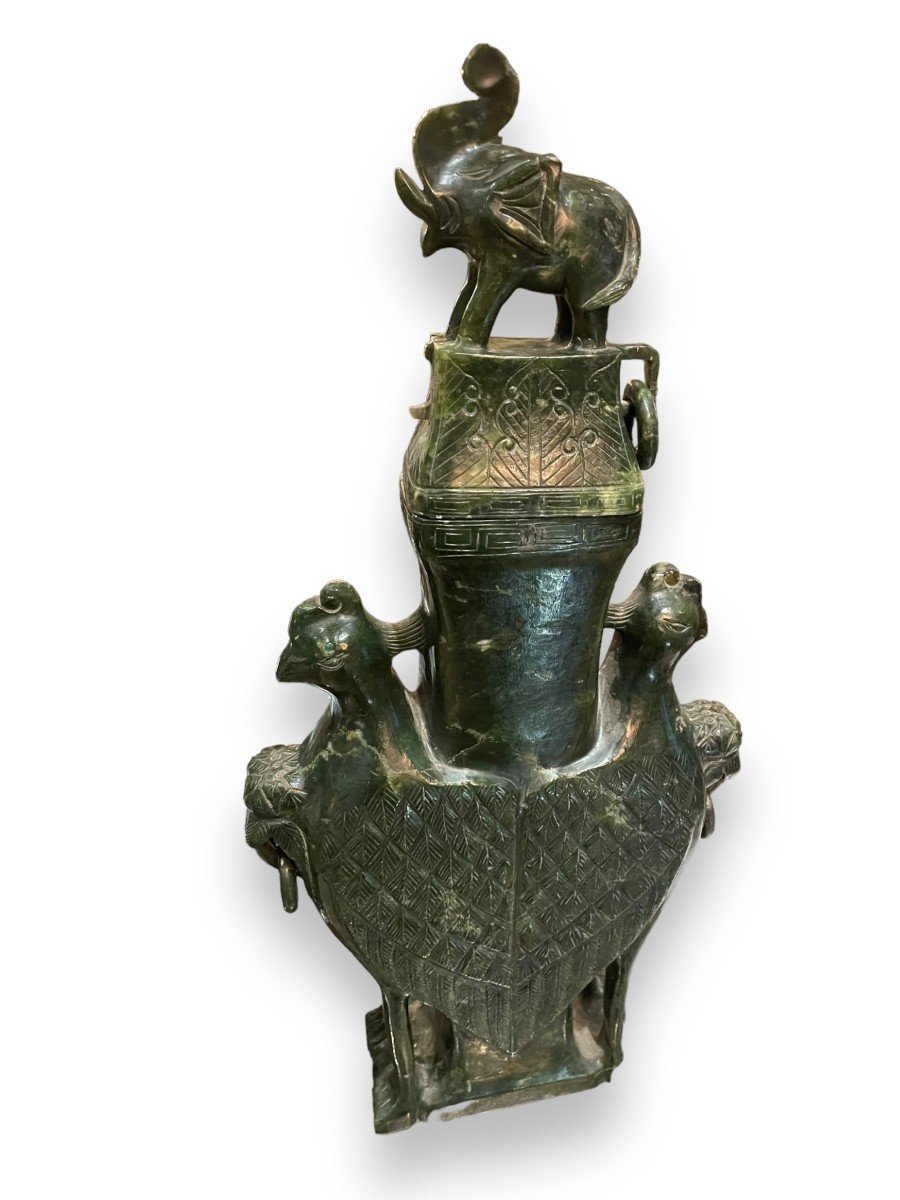 Important Covered Vase In Nephrite Jade Elephant And Phoenix Decor-photo-6