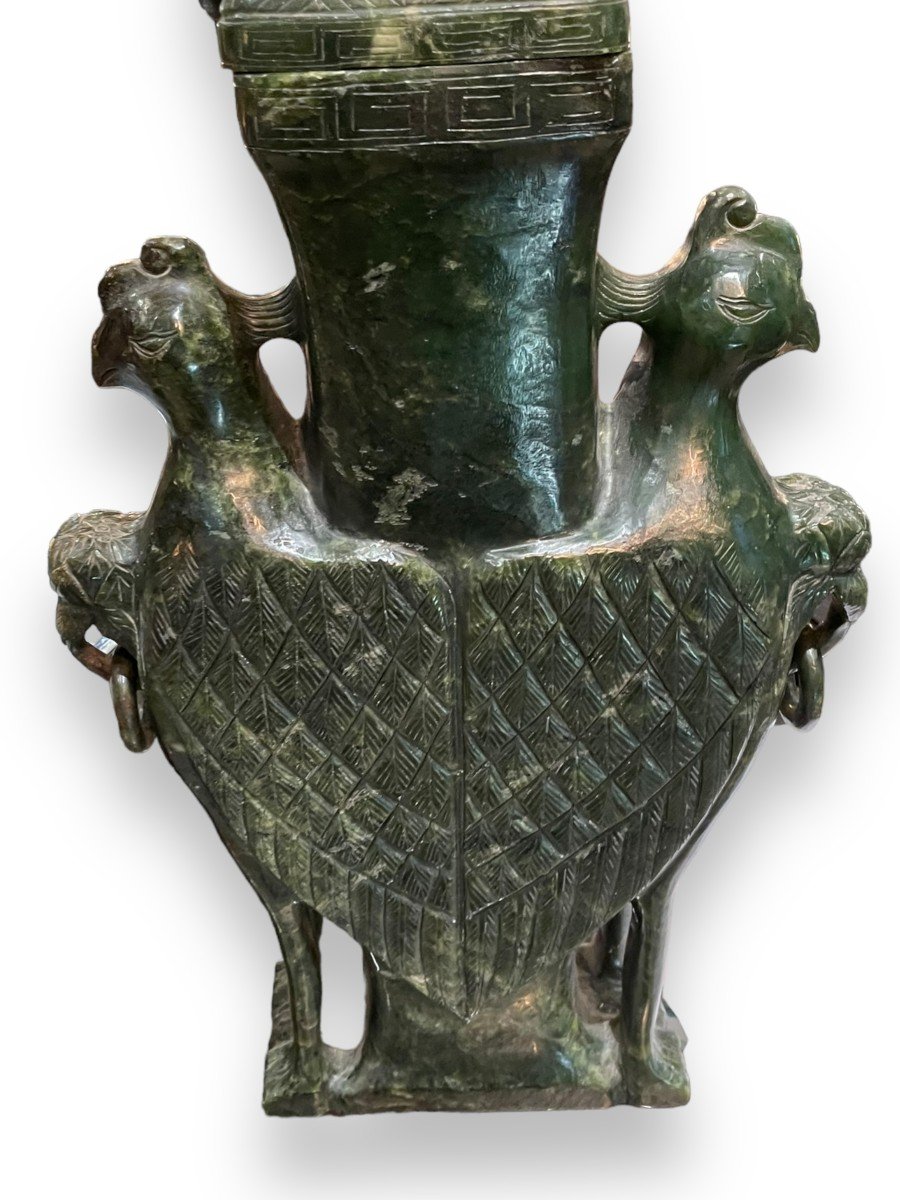 Important Covered Vase In Nephrite Jade Elephant And Phoenix Decor-photo-8