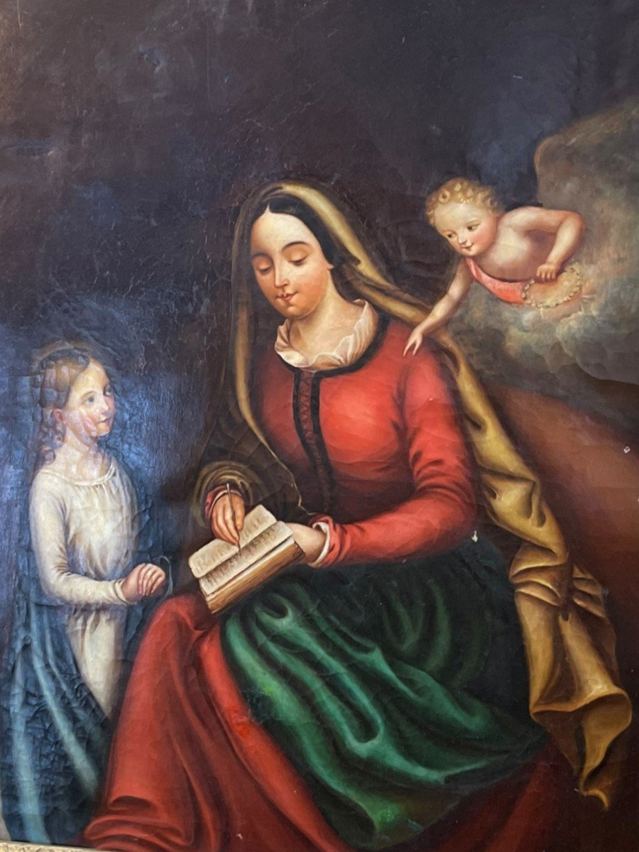 Ecole Du XIXème Vierge à La Lecture Huile Sur Toile-photo-3