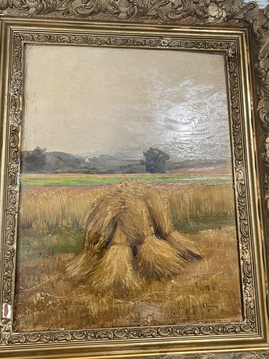 A. Ozée Straw Bales, Summer Hay Oil On Cardboard Late 19th Century-photo-2