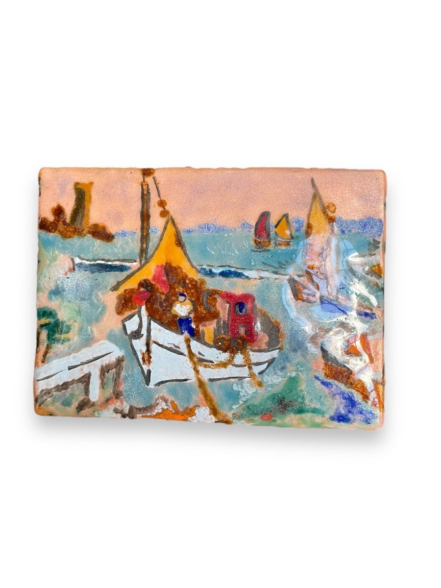 émail Sur Cuivre Bateaux Au Port d'Après André Derain-photo-4