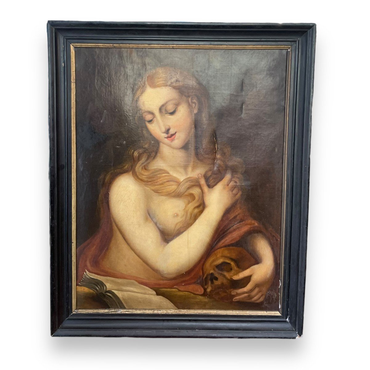 19th Century School Marie Madeleine With Skull And Book Oil On Canvas