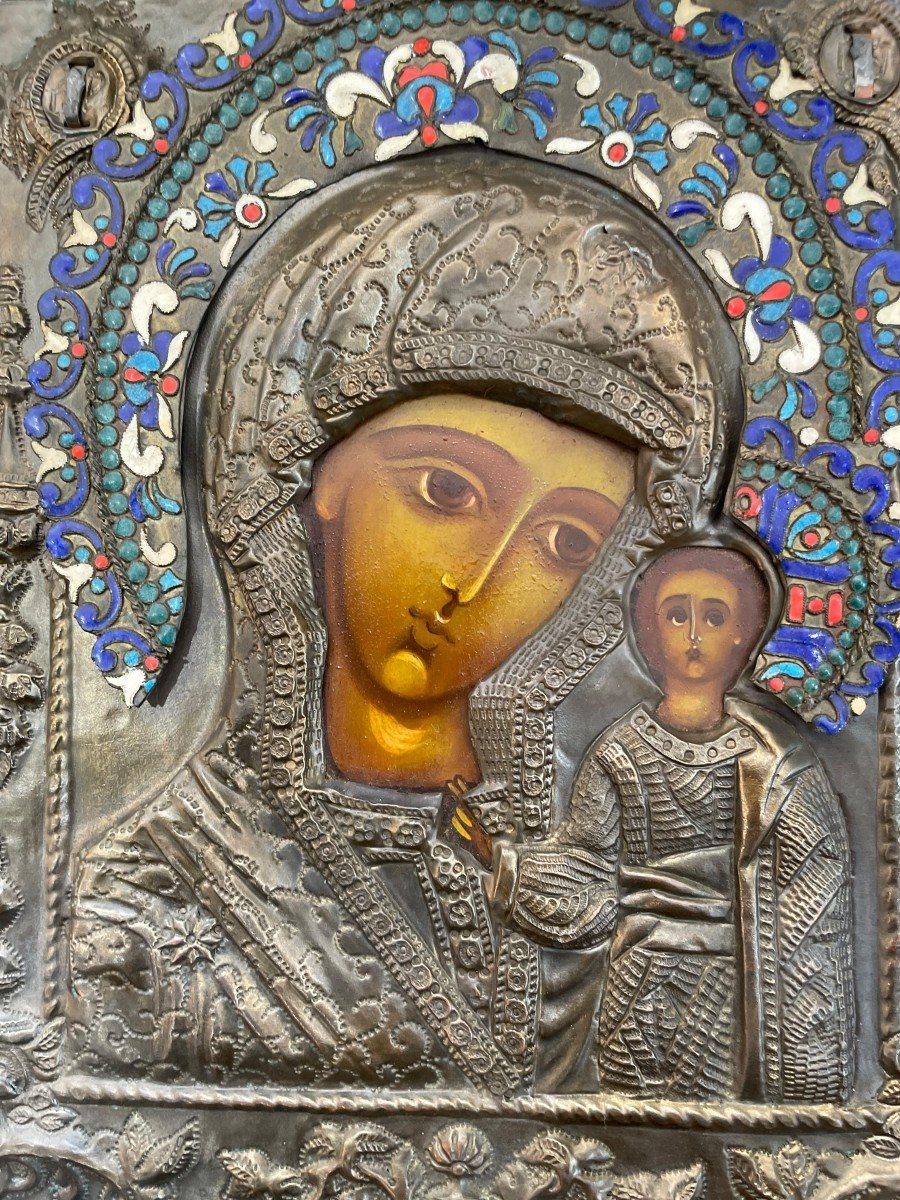 Important Virgin And Child Icon In Silver Copper And Cloisonné Enamels Icon-photo-1