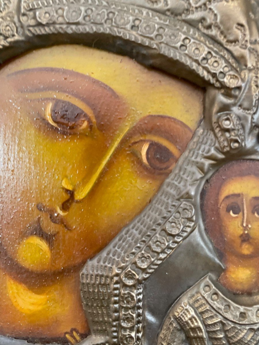 Important Virgin And Child Icon In Silver Copper And Cloisonné Enamels Icon-photo-2