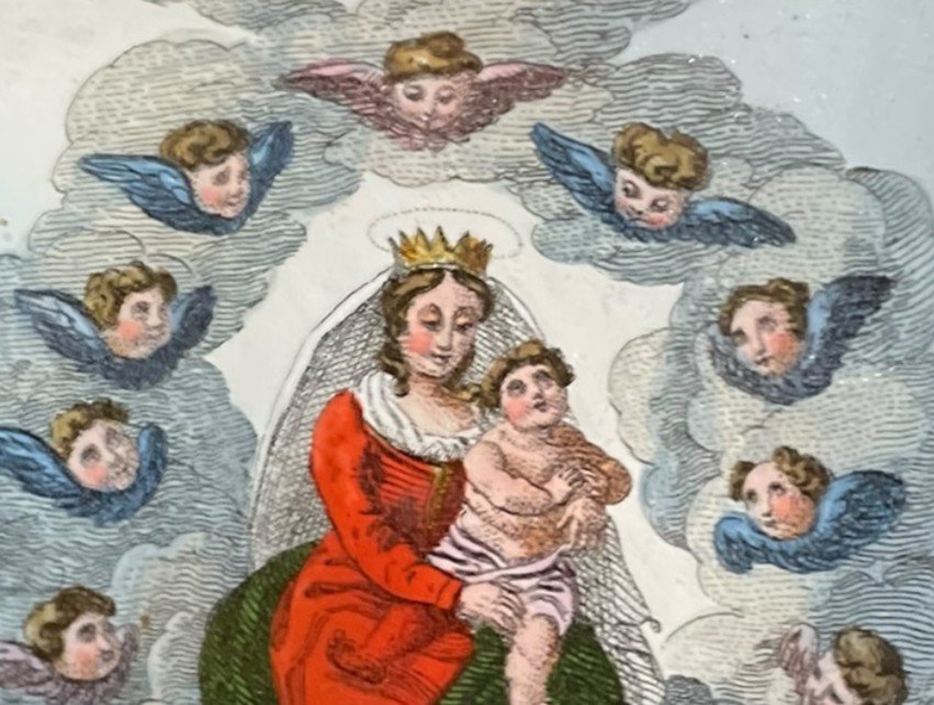 Virgin In Majesty And Cloud Of Cherubs Fixed Under Glass 19th Century-photo-2