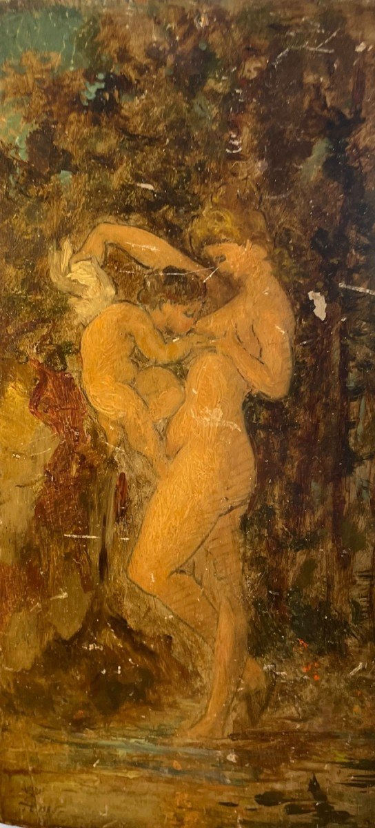 Altered Love Aphrodite And Cupid Oil On Panel 19th Century