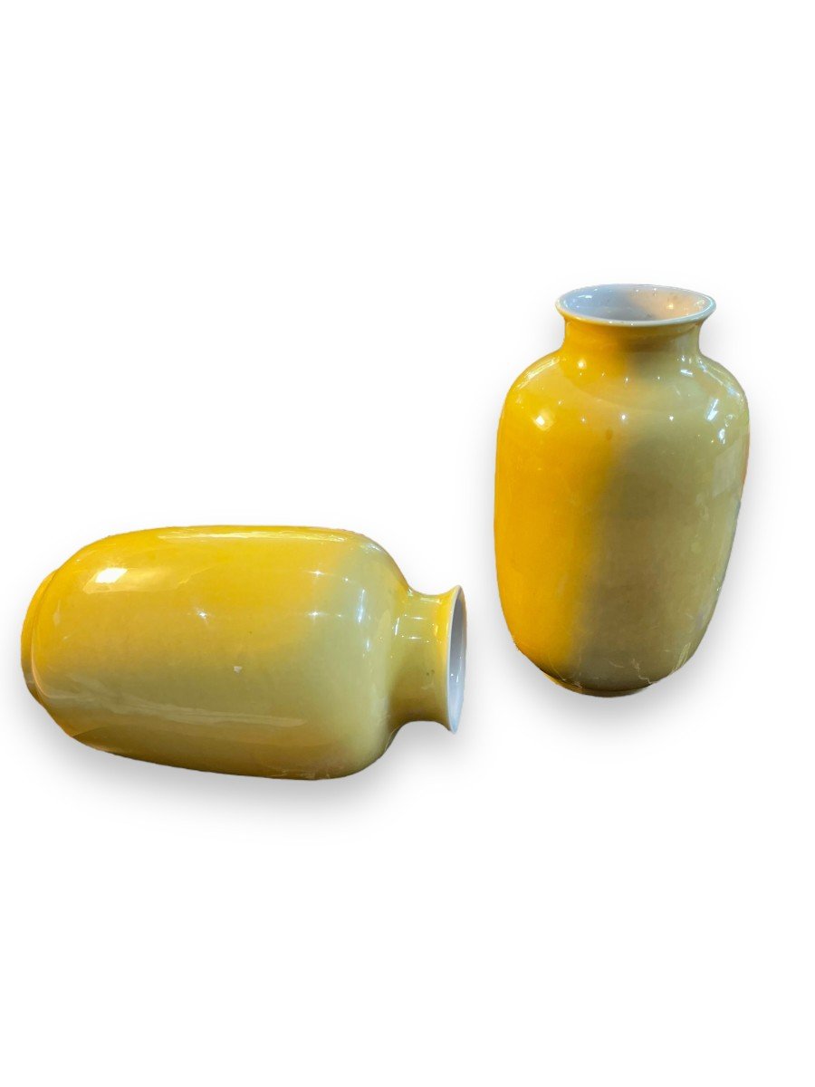 Pair Of Chinese Baluster Vases Yellow Glaze-photo-4