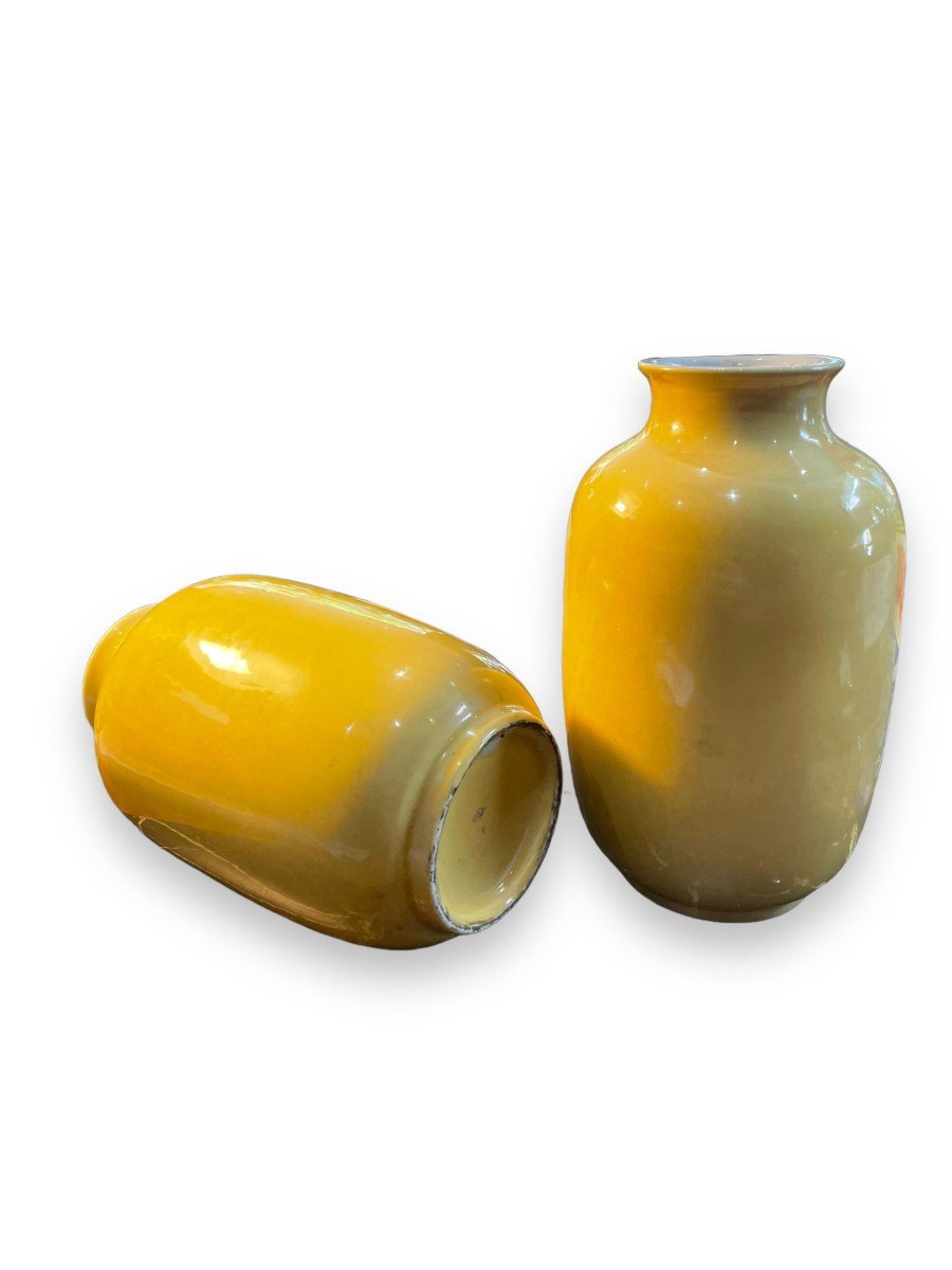 Pair Of Chinese Baluster Vases Yellow Glaze-photo-2