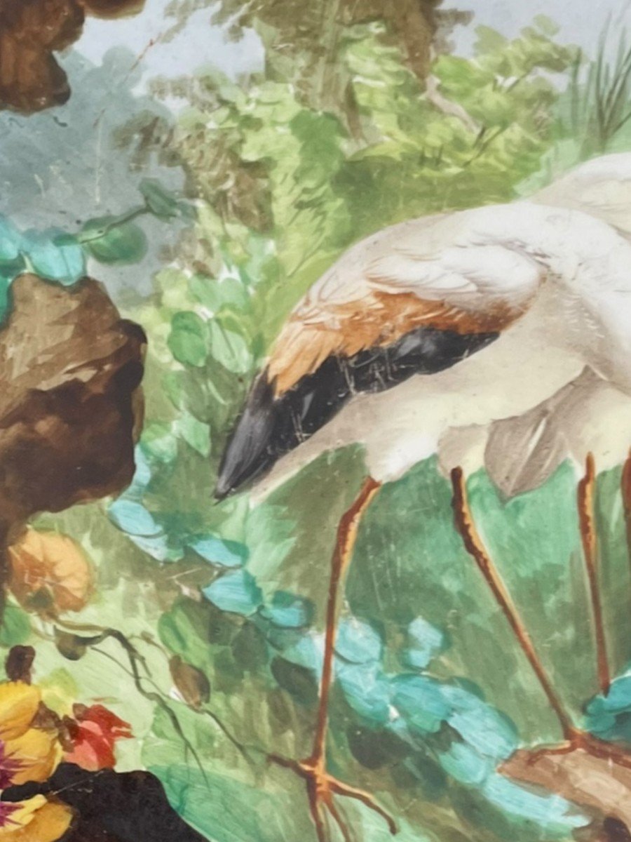 Plaque En Porcelaine Peinte époque XIXeme Oiseaux Au Bord De l'Eau-photo-2