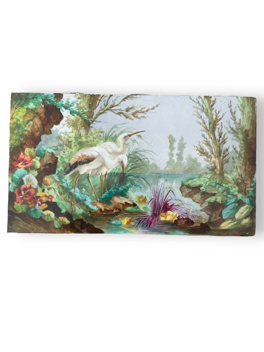 Plaque En Porcelaine Peinte époque XIXeme Oiseaux Au Bord De l'Eau-photo-3