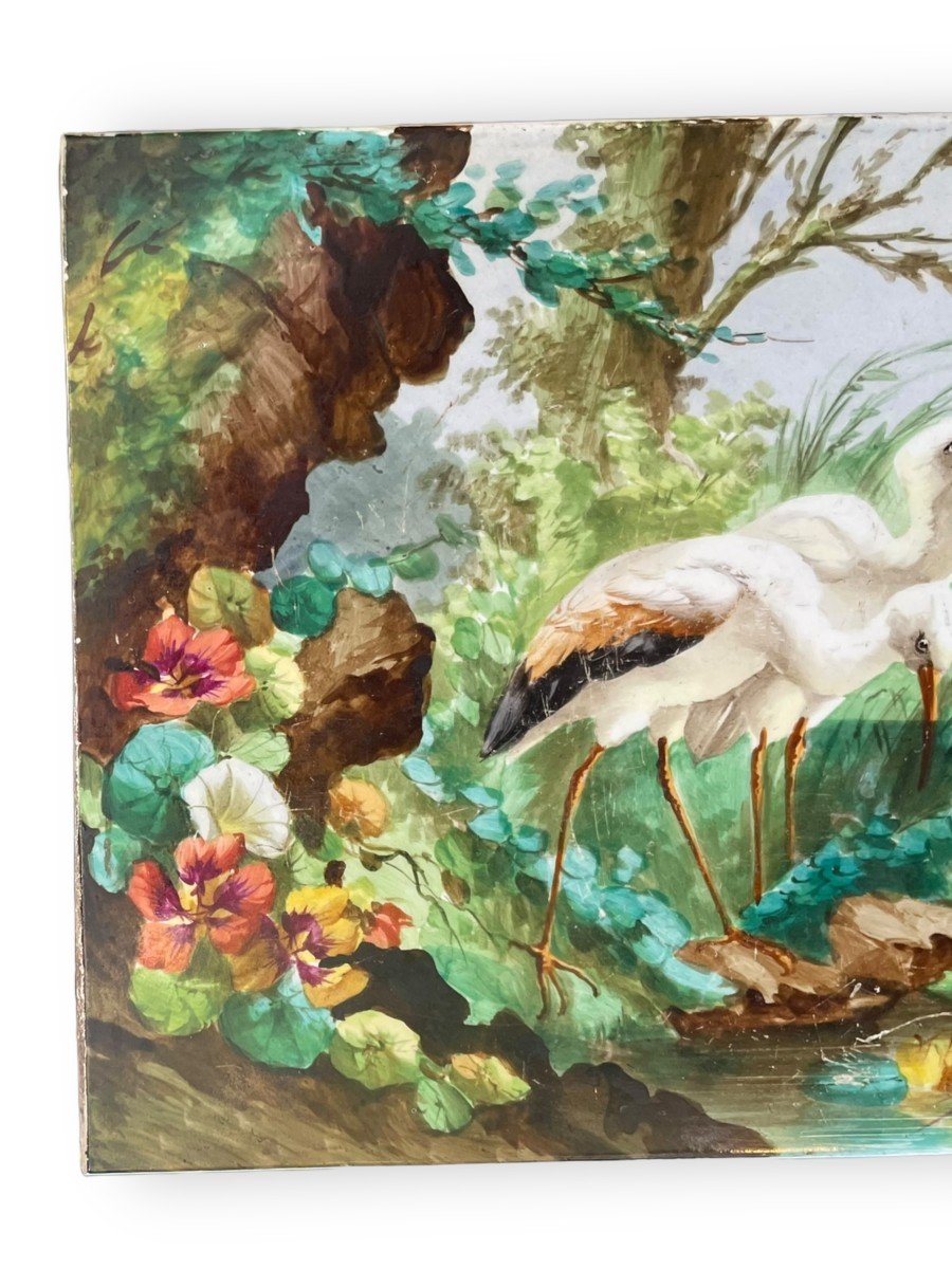 Plaque En Porcelaine Peinte époque XIXeme Oiseaux Au Bord De l'Eau-photo-1