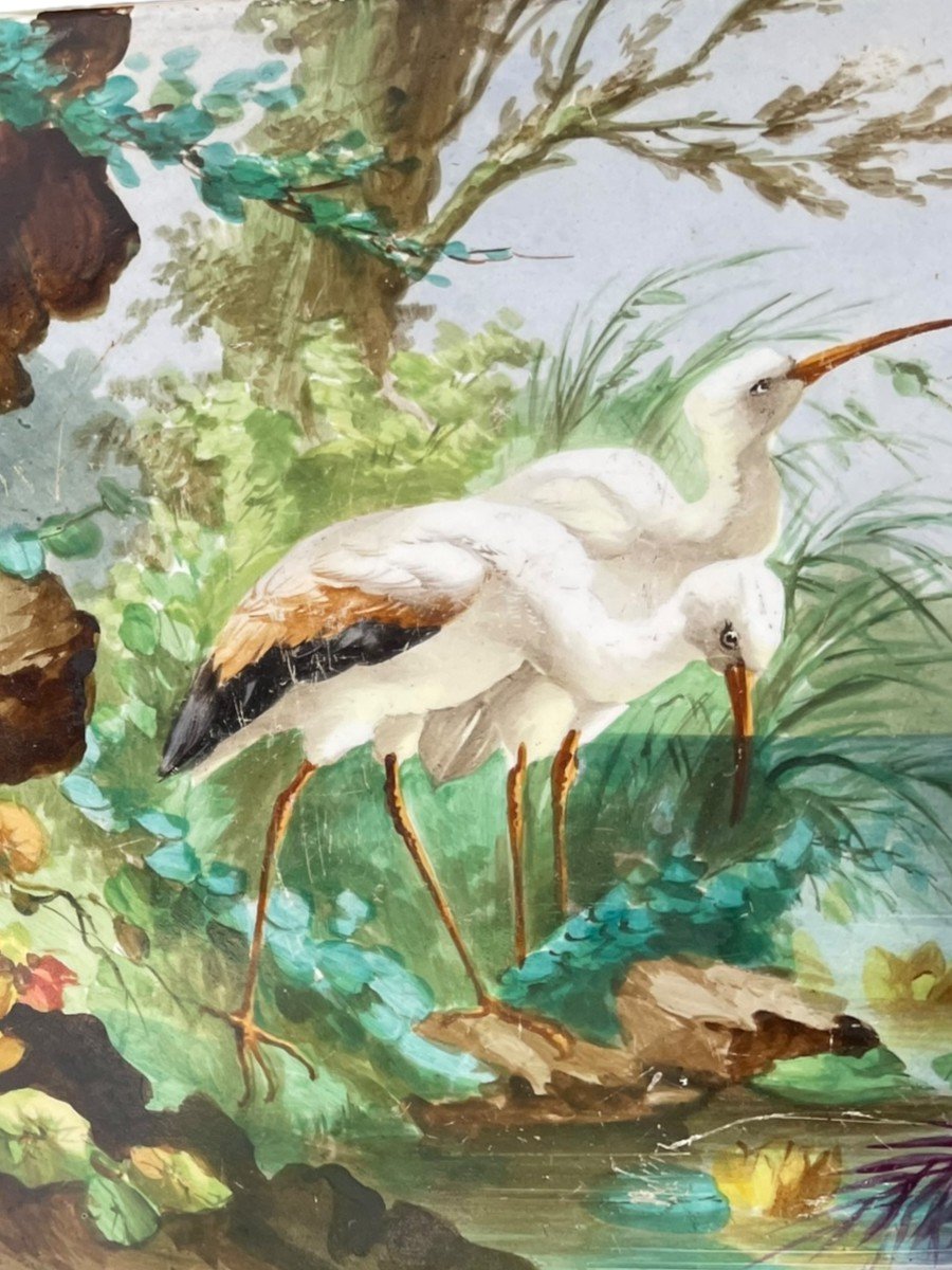 Plaque En Porcelaine Peinte époque XIXeme Oiseaux Au Bord De l'Eau-photo-2