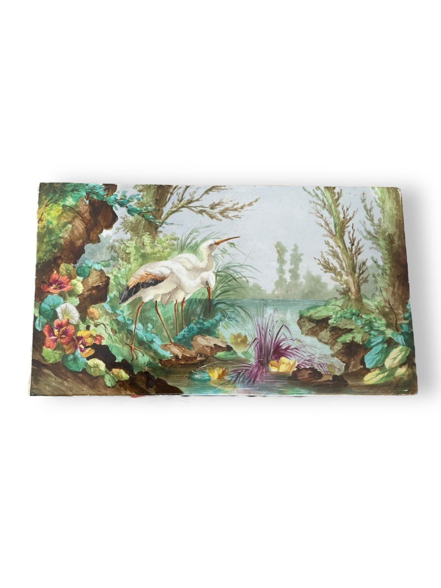Plaque En Porcelaine Peinte époque XIXeme Oiseaux Au Bord De l'Eau-photo-4