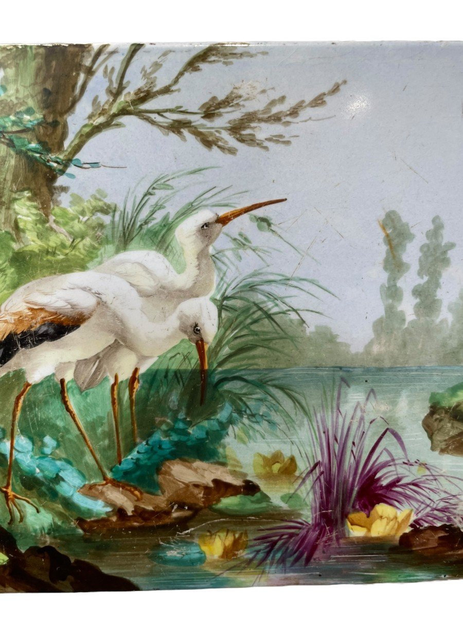 Plaque En Porcelaine Peinte époque XIXeme Oiseaux Au Bord De l'Eau-photo-6
