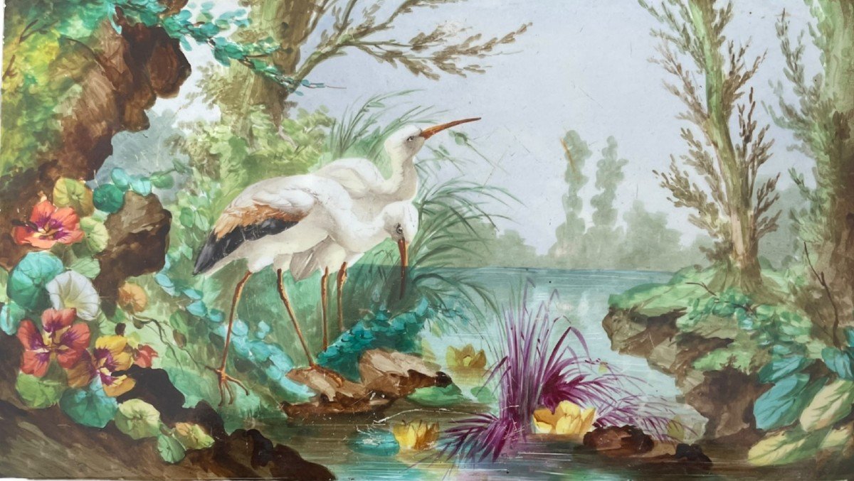 Plaque En Porcelaine Peinte époque XIXeme Oiseaux Au Bord De l'Eau