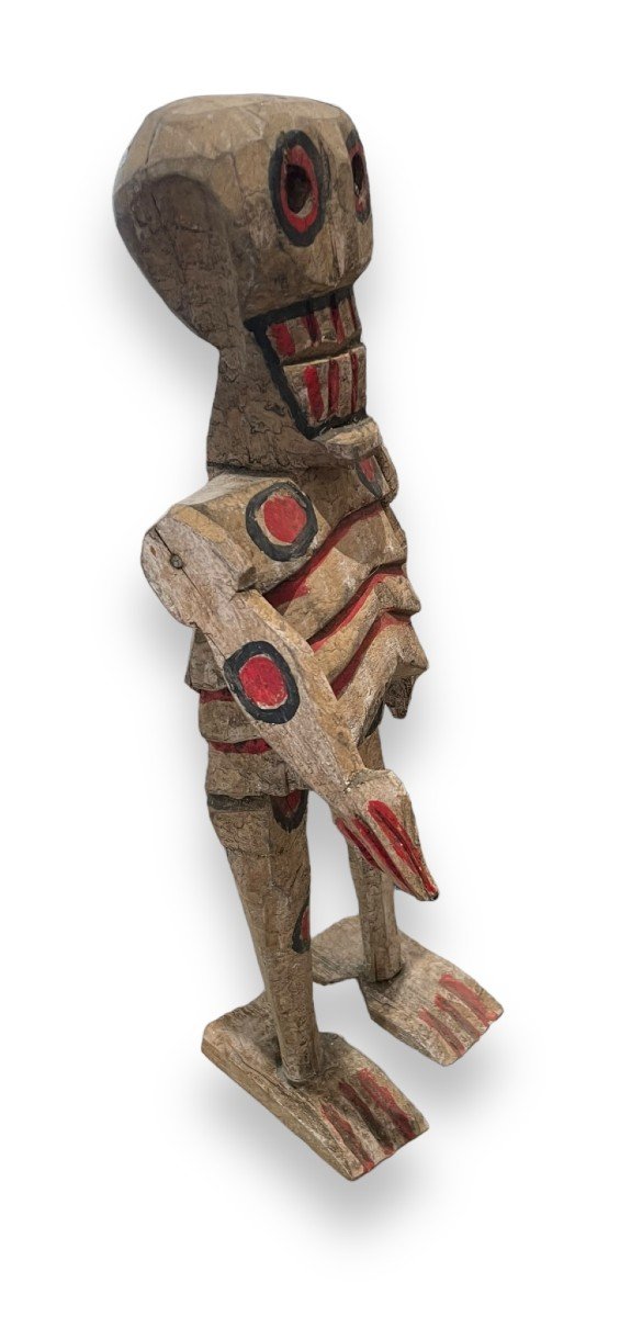 Importante Squelette Mexicain En Bois Sculpté Polychome 